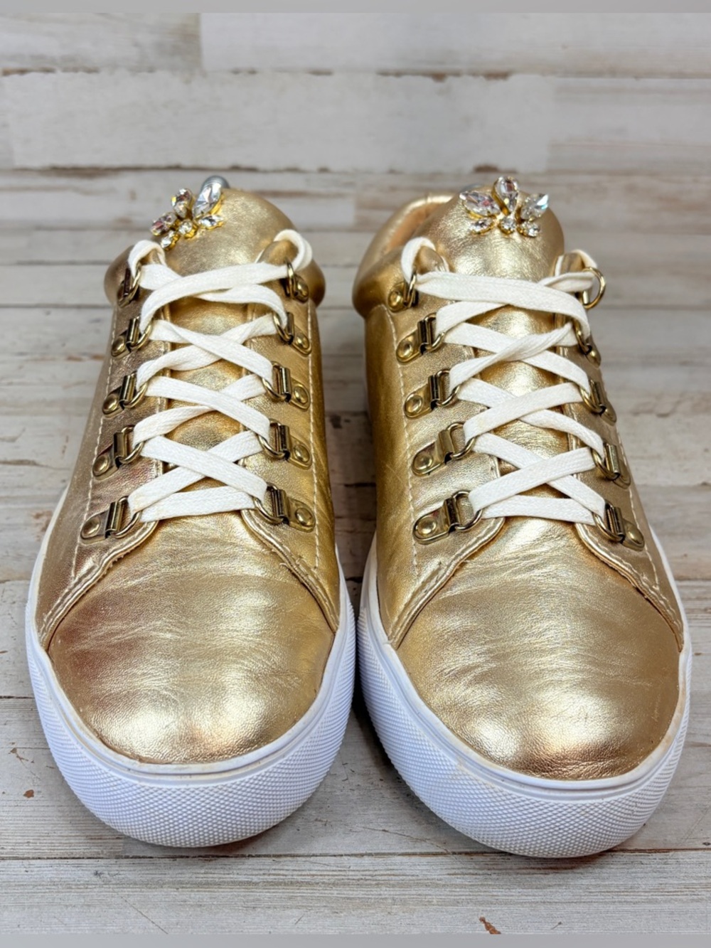 Lilly Pulitzer Hallie Casual Leather Sneakers Women’s 9.5 Metallic Gold White - Picture 2 of 12